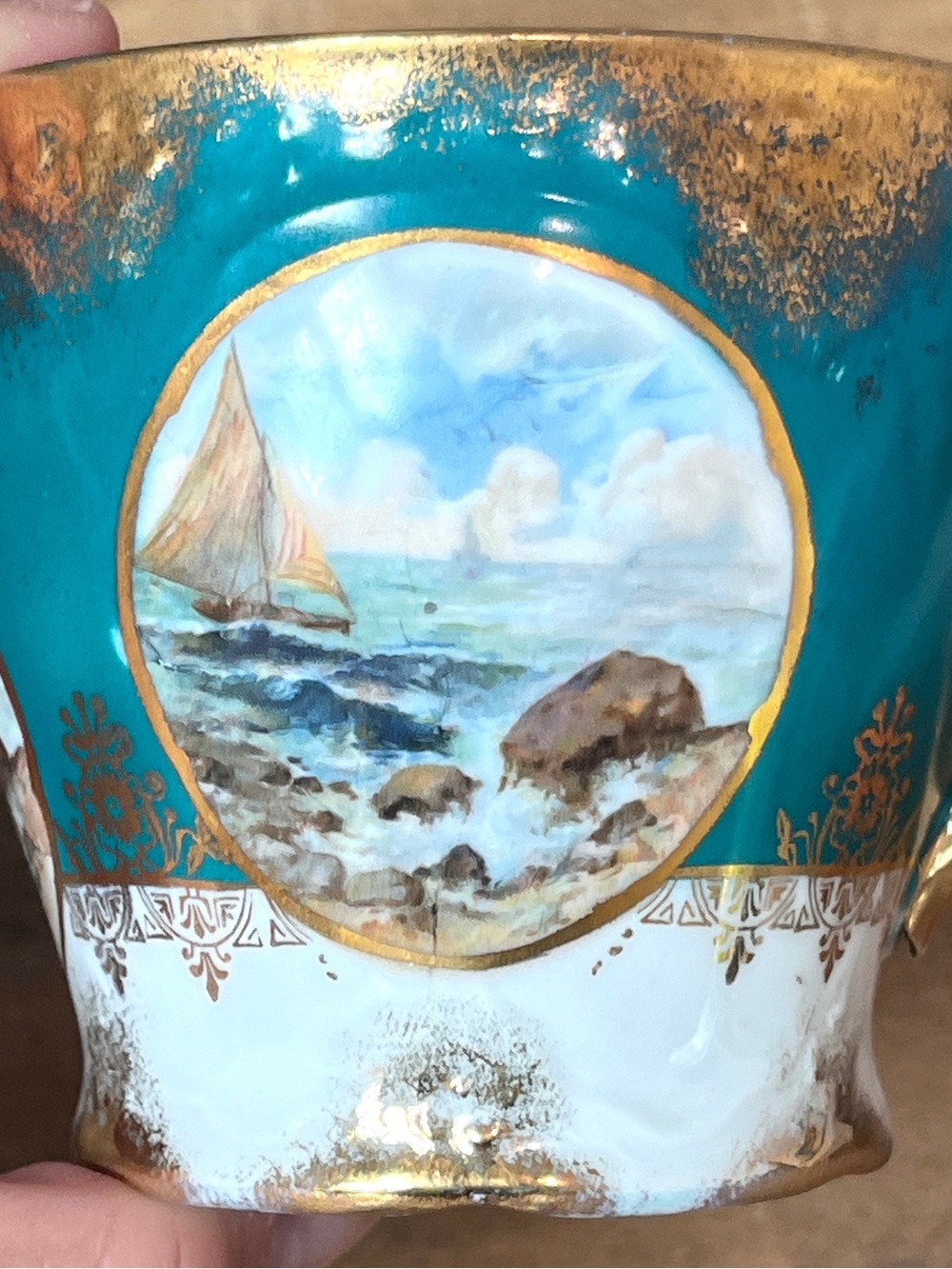Antique 1909 Three Crown China Germany Porcelain Mustache Cup Teal Gold Nautical - Picture 4 of 8